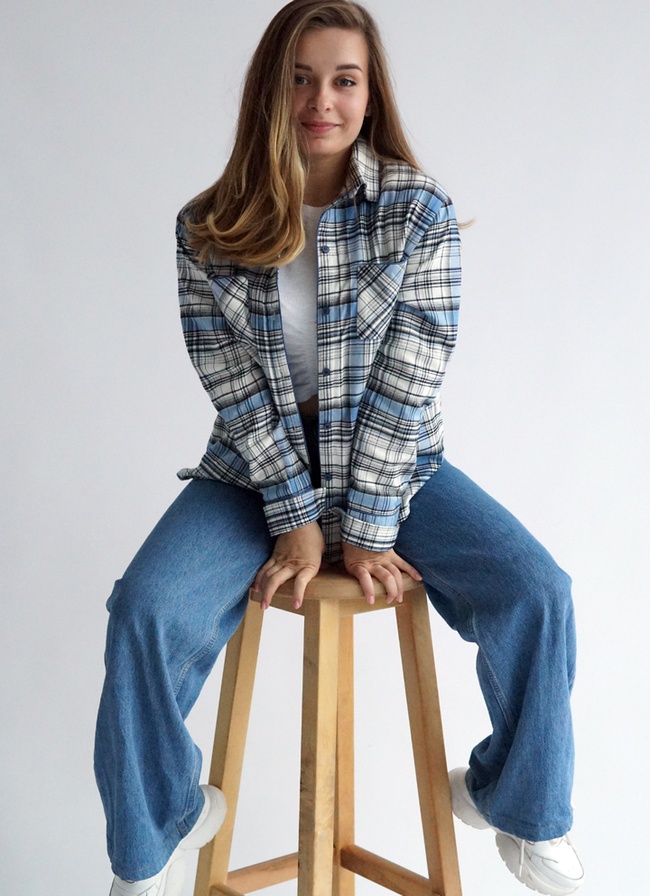 Women's pajamas made of Italian flannel in a blue-white check, home suit, One size