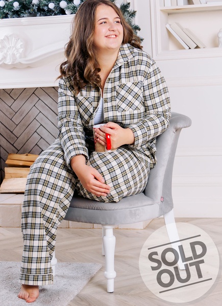 Pajamas with SHIRT in olive-beige cage made of Italian flannel (home costume), One size