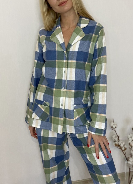 Warm women's pajamas with a jacket made of flannel, blue and green checkered, home wear, 2XL