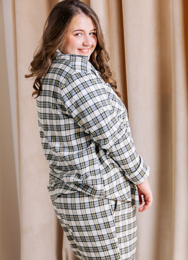 Pajamas with SHIRT in olive-beige cage made of Italian flannel (home costume), S