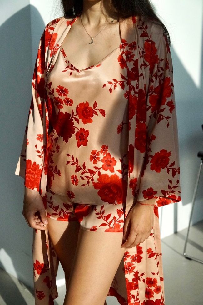Golden kimono robe with red flowers from Italian viscose, *S-8XL(10 days)