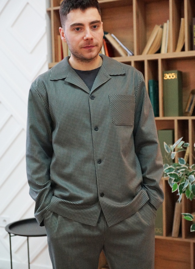 Men's pajamas made of Italian flannel in an olive small cage, home clothes, *S-6XL(10 days)