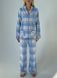 Warm women's pajamas made of flannel in a blue and grey cage, home clothes, L