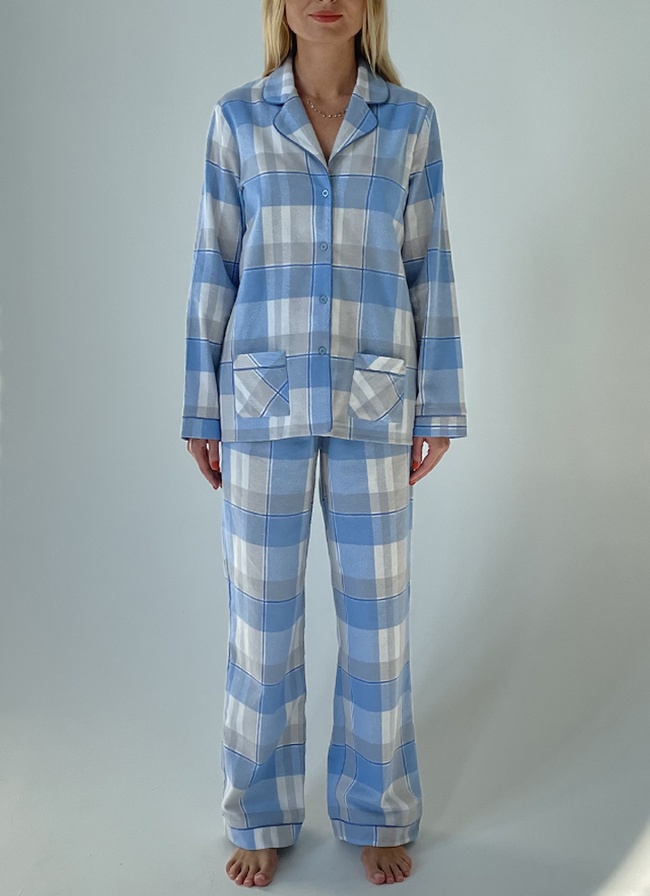 Warm women's pajamas made of flannel in a blue and grey cage, home clothes, S