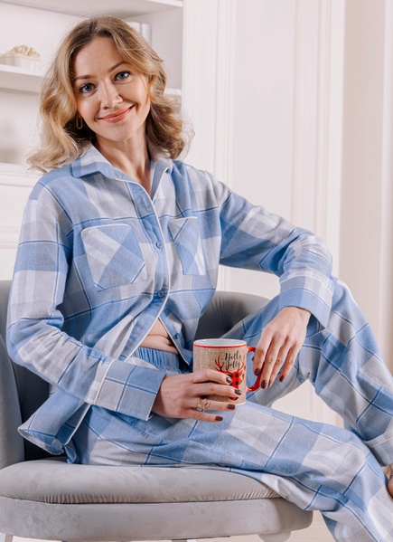 Warm women's pajamas with a blue and gray checkered SHIRT (home suit), *S-8XL(10 days)