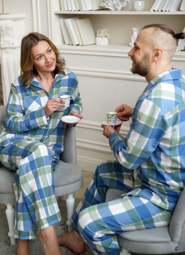 Warm women's pajamas with a shirt made of flannel in a blue-green cage, home clothes, *S-8XL(10 days)