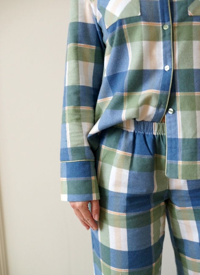 Warm women's pajamas with a shirt made of flannel in a blue-green cage, home clothes, *S-8XL(10 days)