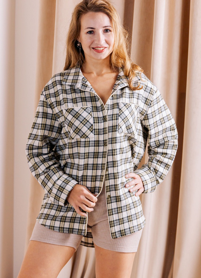 Women's warm shirt made of Italian flannel olive and beige checkered, S