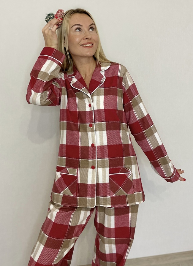 Warm women's pajamas with a jacket made of flannel in a red-beige cage, home clothes, L