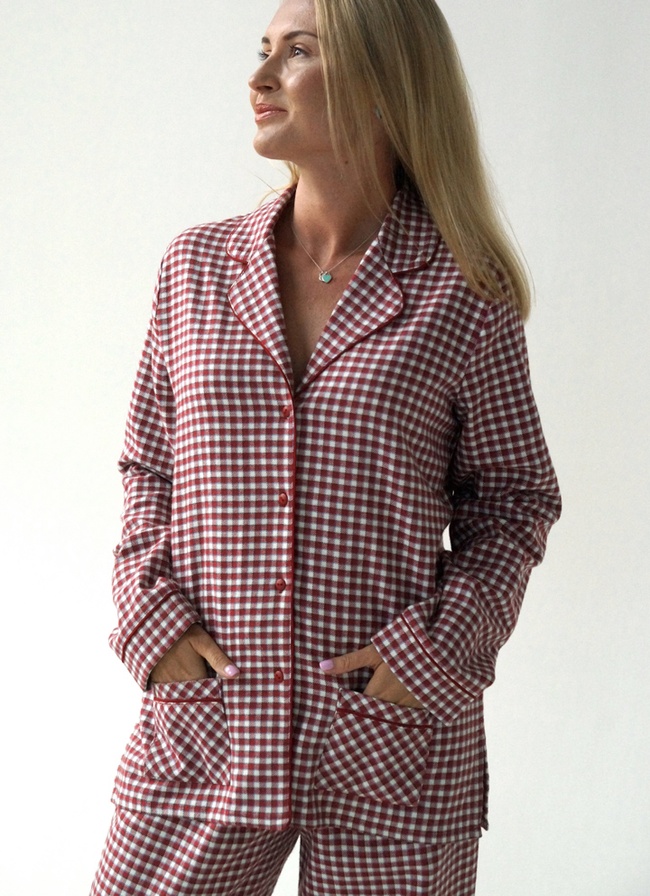 Warm women's pajamas with a jacket made of Italian flannel red checkered, home clothes, 3XL