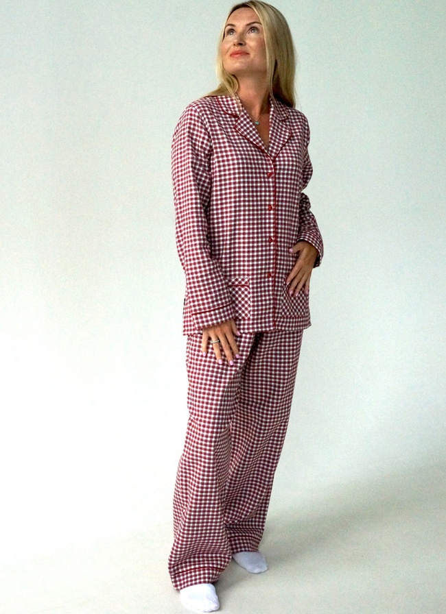 Warm women's pajamas with a jacket made of Italian flannel red checkered, home clothes, 3XL