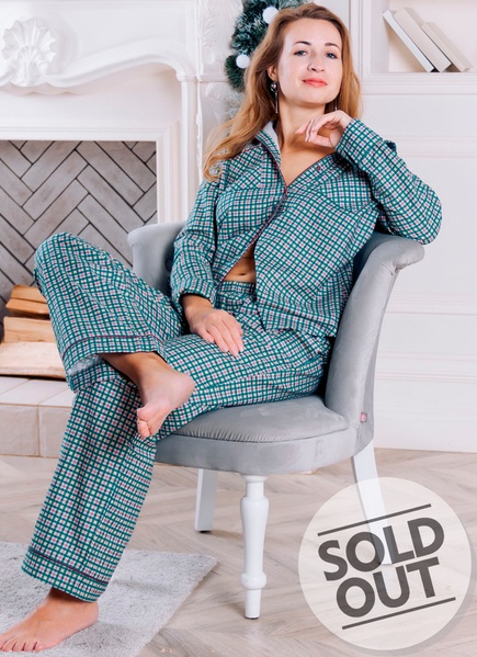 Warm women's pajamas with a burgundy-green small cage SHIRT made of Italian flannel (home suit), One size