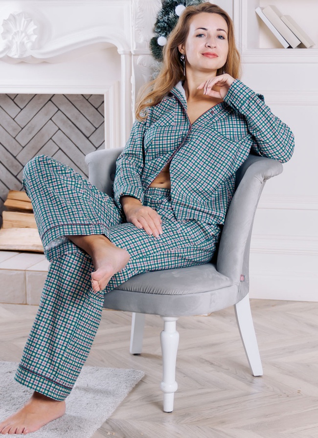 Warm women's pajamas with a burgundy-green small cage SHIRT made of Italian flannel (home suit), One size