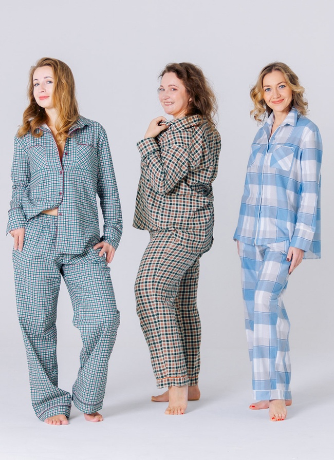 Warm women's pajamas with a burgundy-green small cage SHIRT made of Italian flannel (home suit), One size