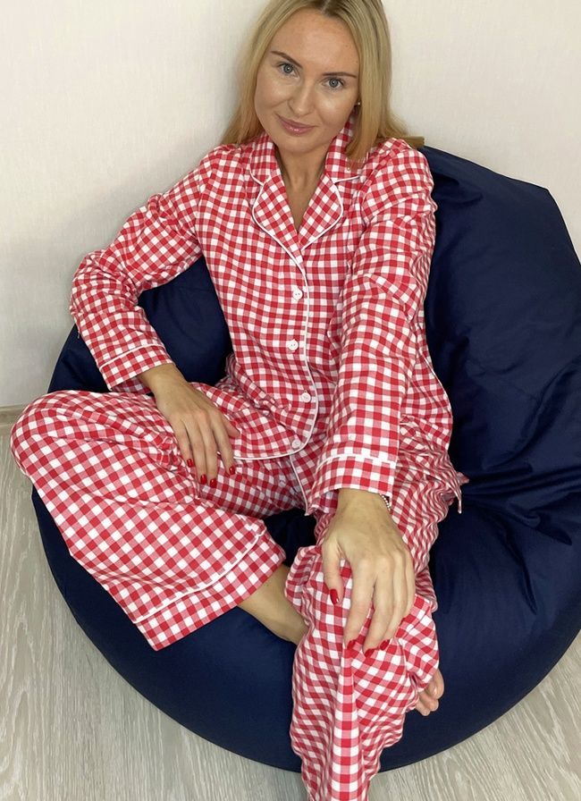 Warm women's pajamas with a jacket made of flannel in a red and white small cage, home clothes, *S-8XL(10 days)