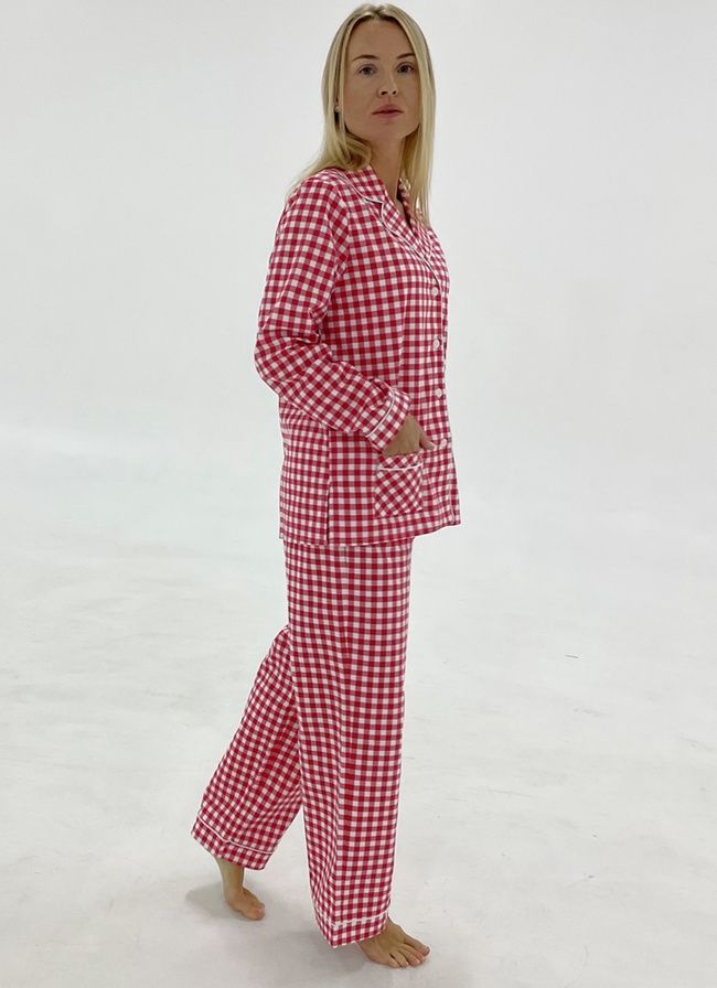 Warm women's pajamas with a jacket made of flannel in a red and white small cage, home clothes, *S-8XL(10 days)
