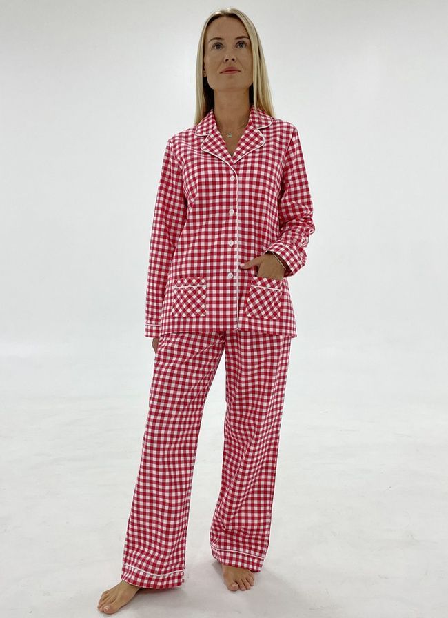 Warm women's pajamas with a jacket made of flannel in a red and white small cage, home clothes, *S-8XL(10 days)