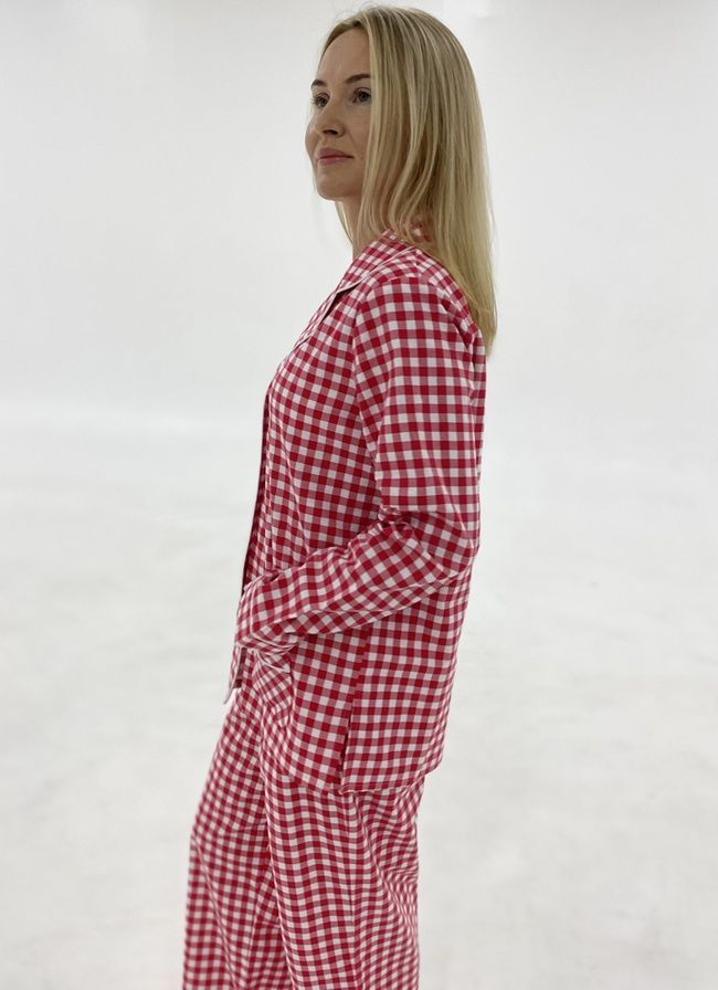 Warm women's pajamas with a jacket made of flannel in a red and white small cage, home clothes, *S-8XL(10 days)