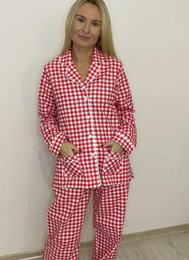 Warm women's pajamas with a jacket made of flannel in a red and white small cage, home clothes, S