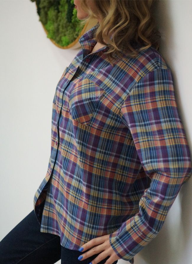 Women's shirt made of Italian cotton lilac-yellow checkered, XL