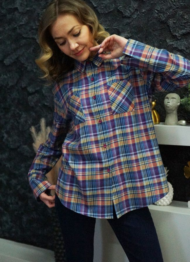 Women's shirt made of Italian cotton lilac-yellow checkered, XL