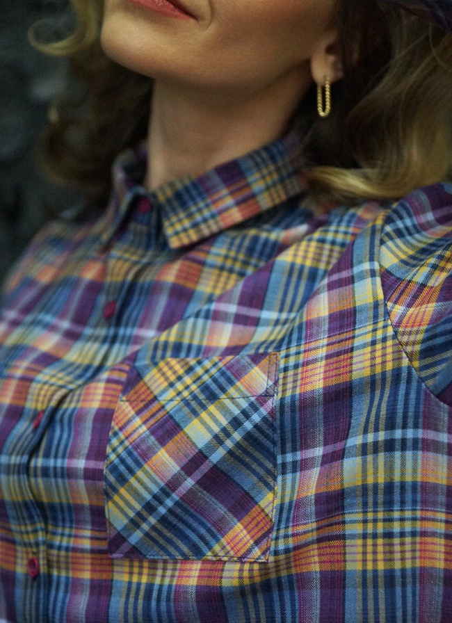 Women's shirt made of Italian cotton lilac-yellow checkered, S