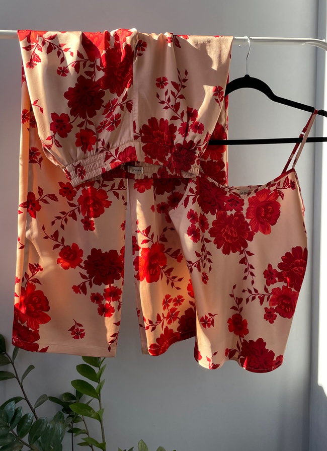 Pants made of silky viscose, in red flowers "Malva", 2XL