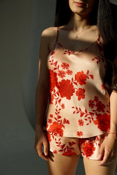 Set: shorts and a strappy t-shirt in red flowers "Mallows" made of delicate Italian viscose, *S-8XL(10 days)