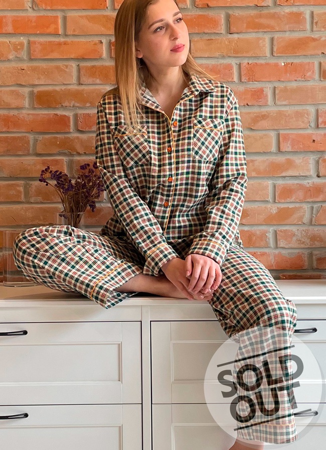 Pajamas with a SHIRT made of Italian flannel in a green-red cage (home costume), S