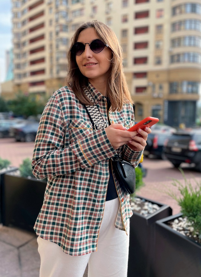 Pajamas with a SHIRT made of Italian flannel in a green-red cage (home costume), One size