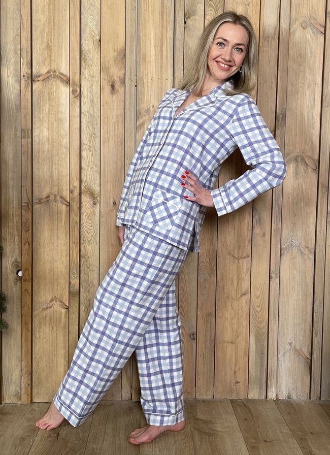 Warm women's pajamas made of flannel checkered blue-blue, home clothes, *S-8XL(10 days)