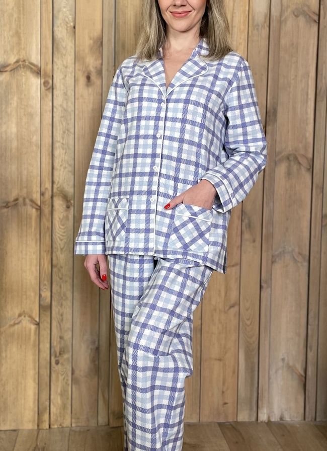 Warm women's pajamas made of flannel checkered blue-blue, home clothes, *S-8XL(10 days)