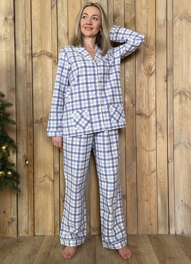 Warm women's pajamas made of flannel checkered blue-blue, home clothes, *S-8XL(10 days)