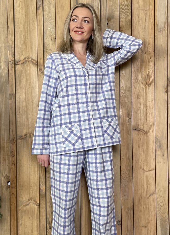 Warm women's pajamas made of flannel checkered blue-blue, home clothes, *S-8XL(10 days)
