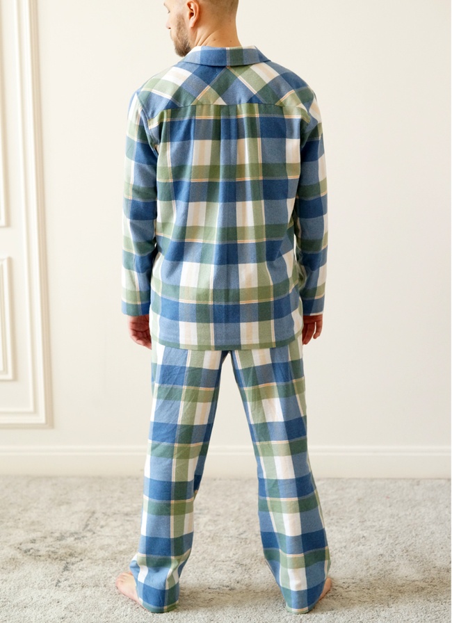 Men's warm winter pajamas in a blue-green cage, clothes for home, M